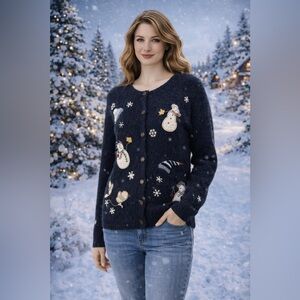 Vintage Snowman Christmas Cardigan Navy Wool Blend Women’s L Holiday